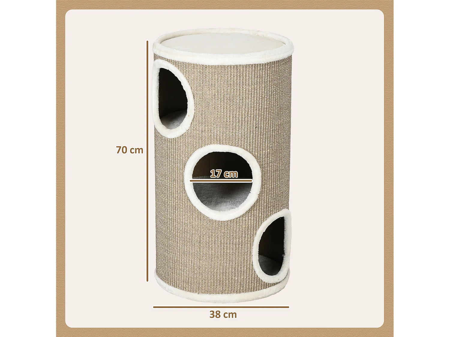 Arbre à chat cylindrique - tour à griffer pour chat - tonneau griffoir - 3 niveaux + plateforme - sisal peluche brun clair