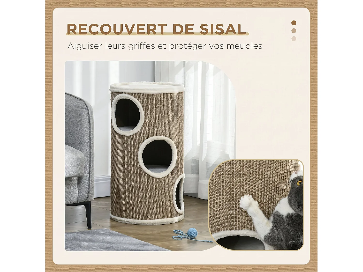 Arbre à chat cylindrique - tour à griffer pour chat - tonneau griffoir - 3 niveaux + plateforme - sisal peluche brun clair