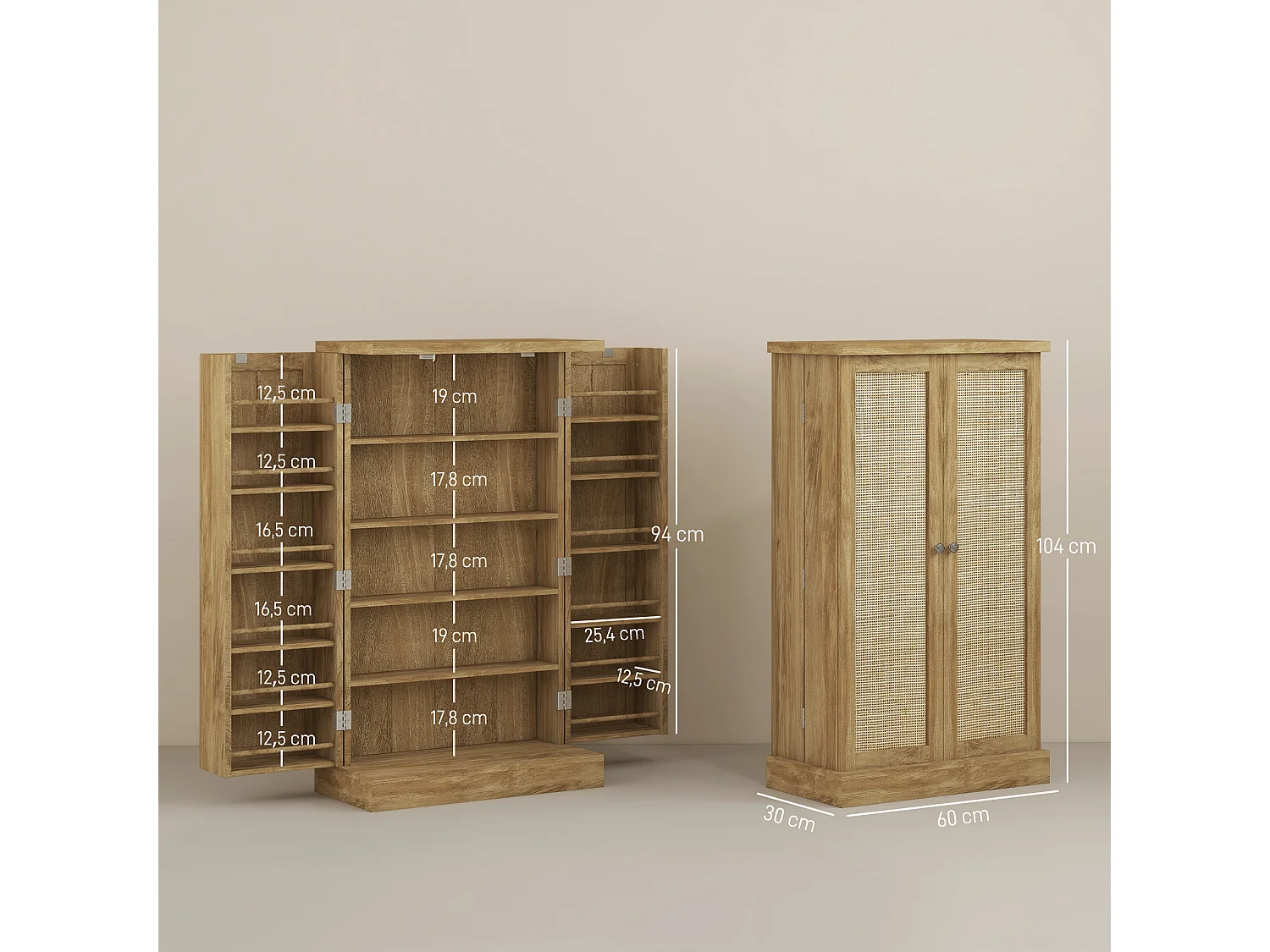 Armoire de cuisine rangement épices 2 portes 4 étagères 12 porte-épices dim. 60 x 30 x 104 cm rotin effet bois