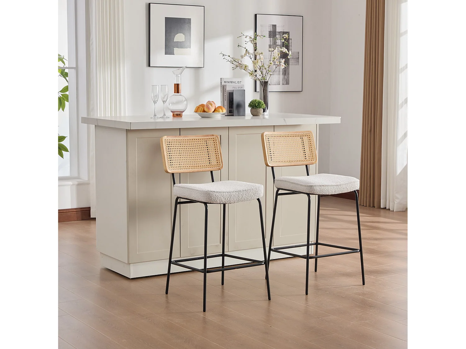Lot de 2 tabourets de bar chenille bouclette beige dossier en rotin