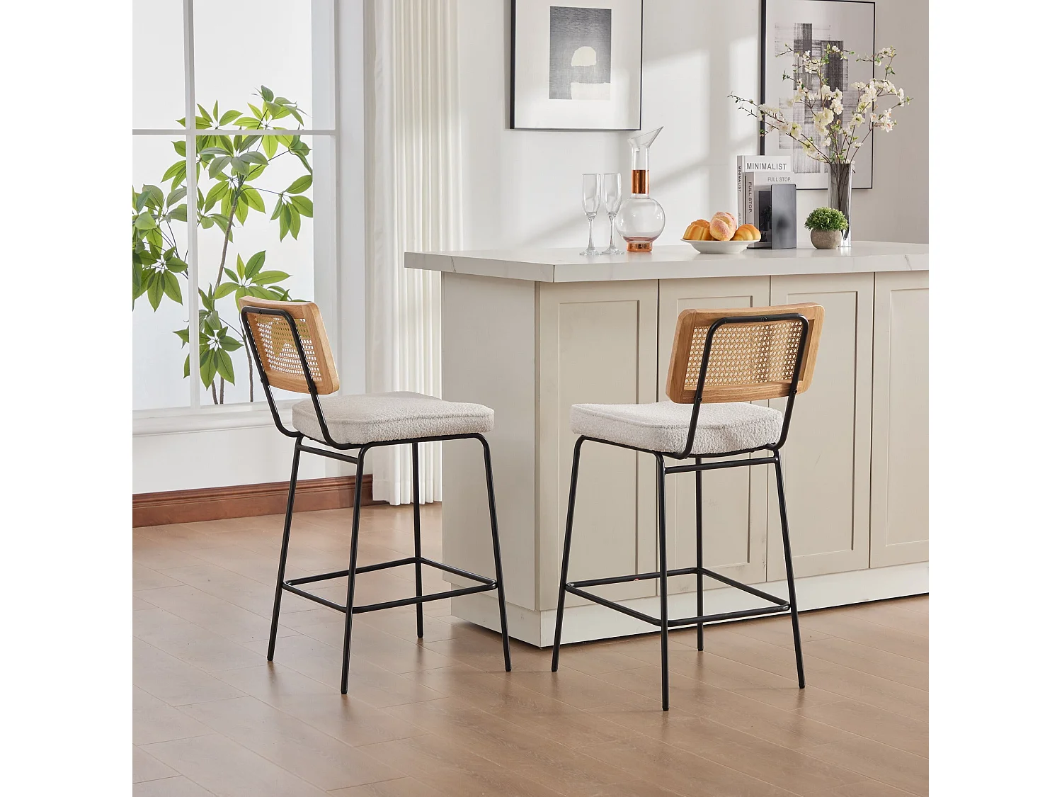 Lot de 2 tabourets de bar chenille bouclette beige dossier en rotin