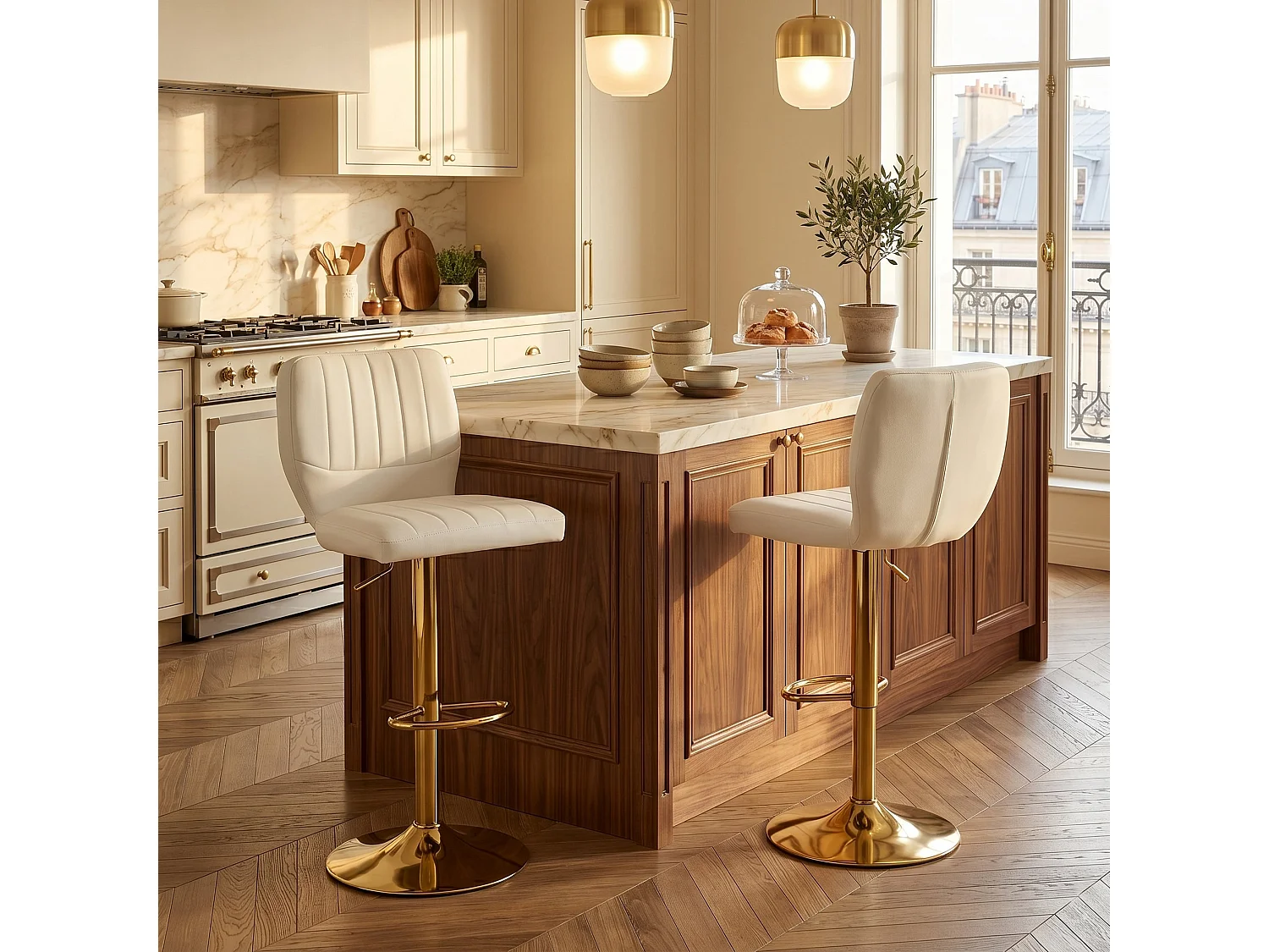 Lot de 2 tabourets de bar simili cuir blanc et doré, pivotant 360°