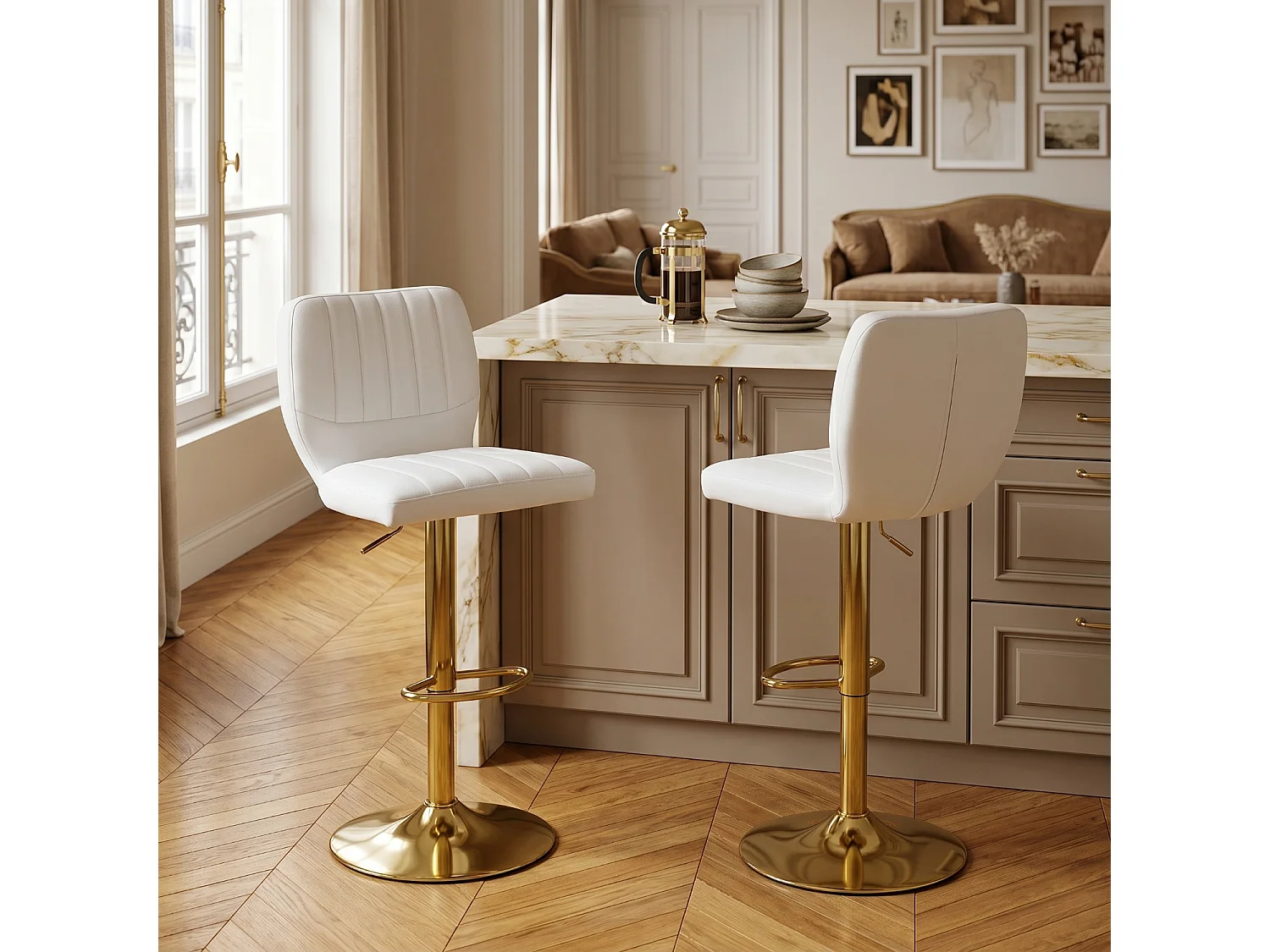 Lot de 2 tabourets de bar simili cuir blanc et doré, pivotant 360°