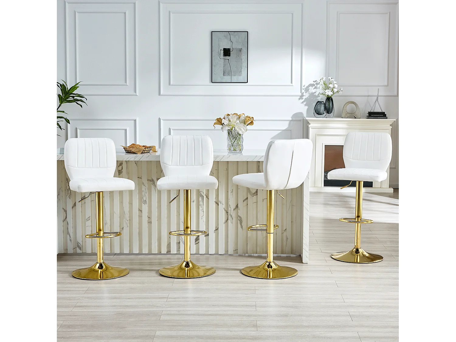 Lot de 2 tabourets de bar simili cuir blanc et doré, pivotant 360°
