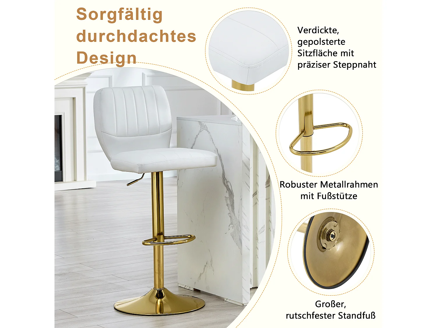 Lot de 2 tabourets de bar simili cuir blanc et doré, pivotant 360°