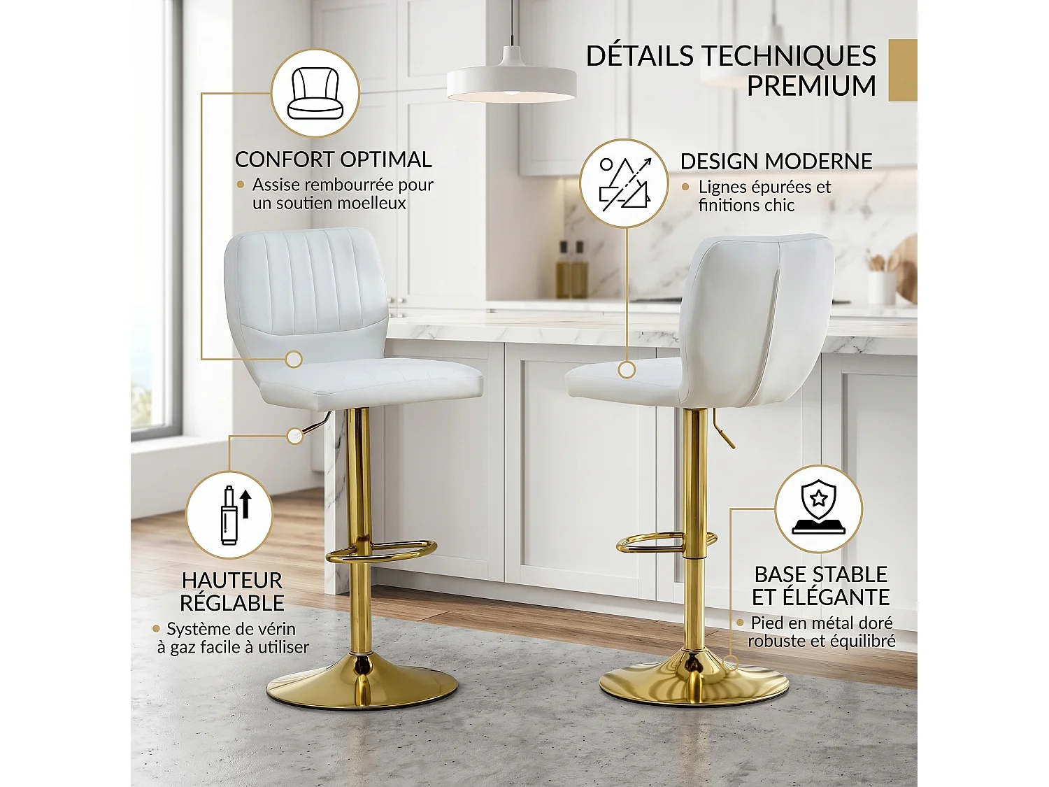Lot de 2 tabourets de bar simili cuir blanc et doré, pivotant 360°