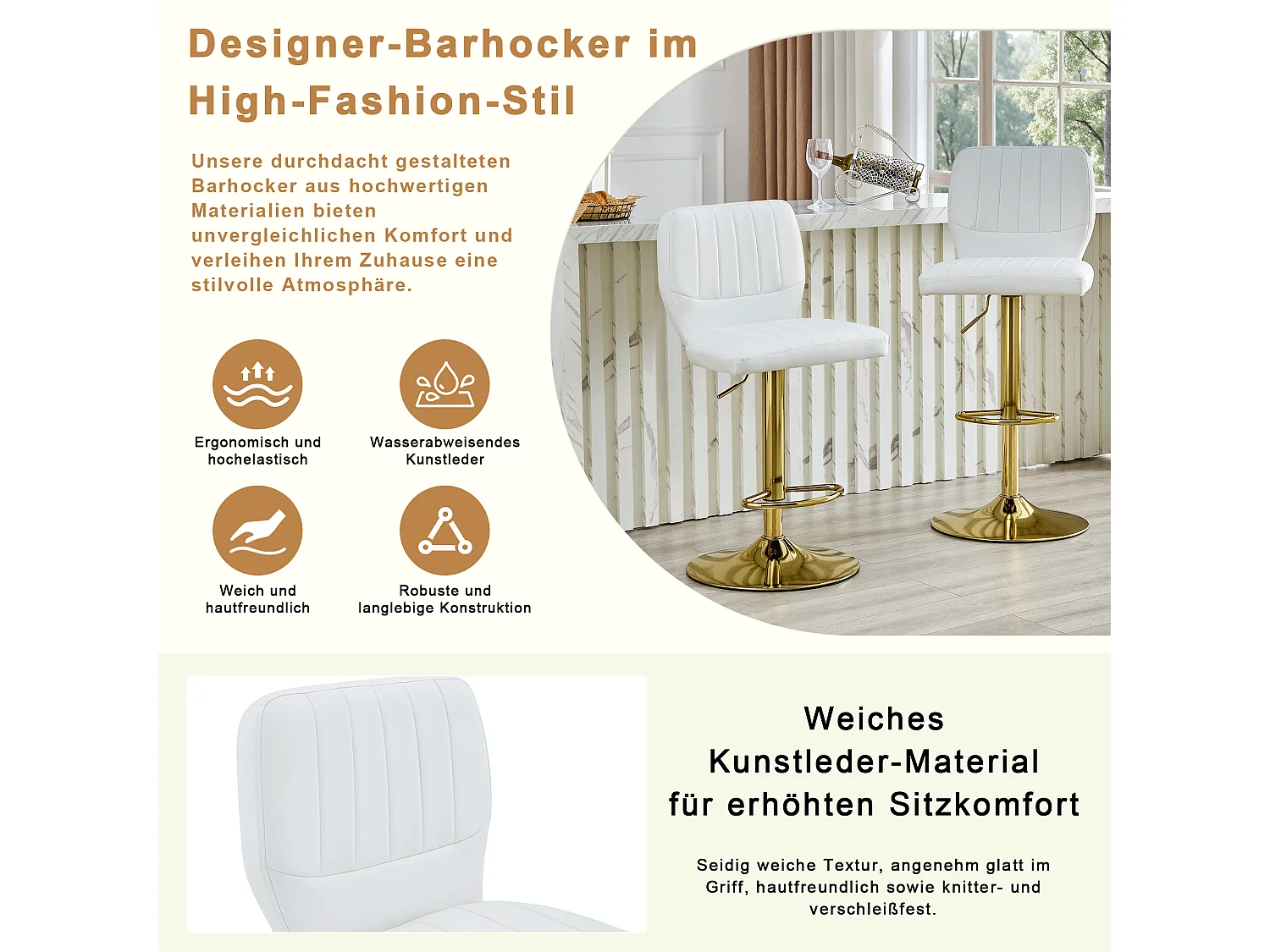 Lot de 2 tabourets de bar simili cuir blanc et doré, pivotant 360°