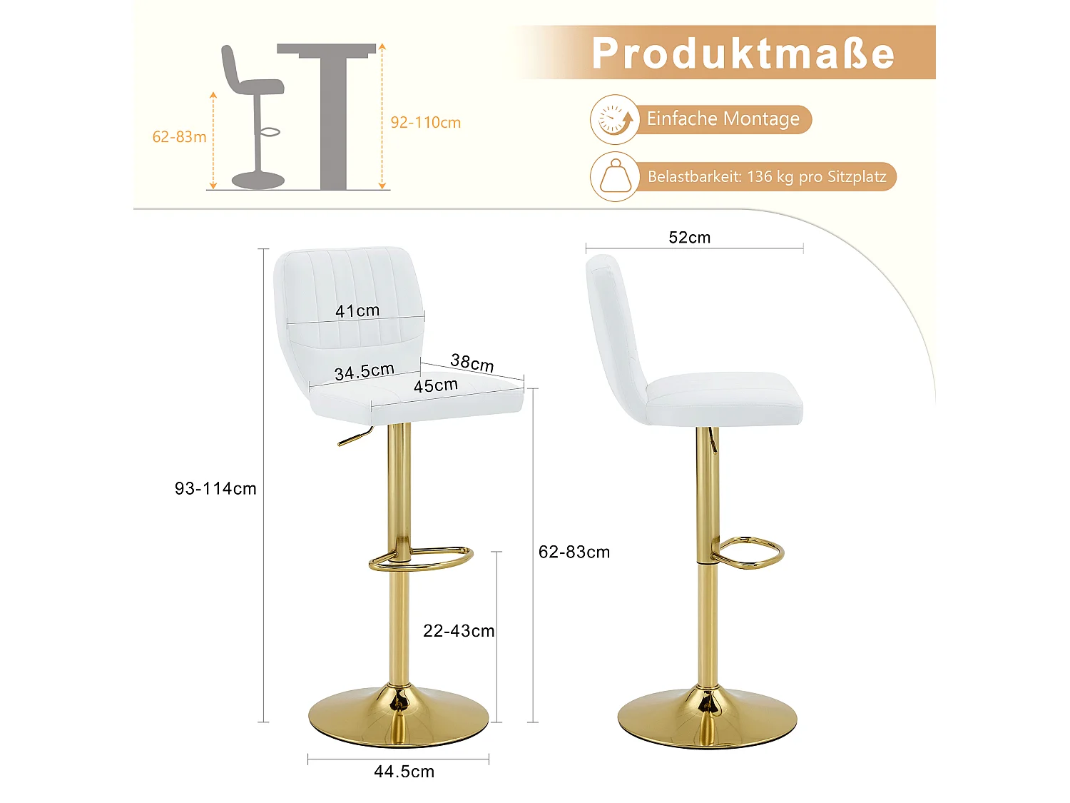 Lot de 2 tabourets de bar simili cuir blanc et doré, pivotant 360°