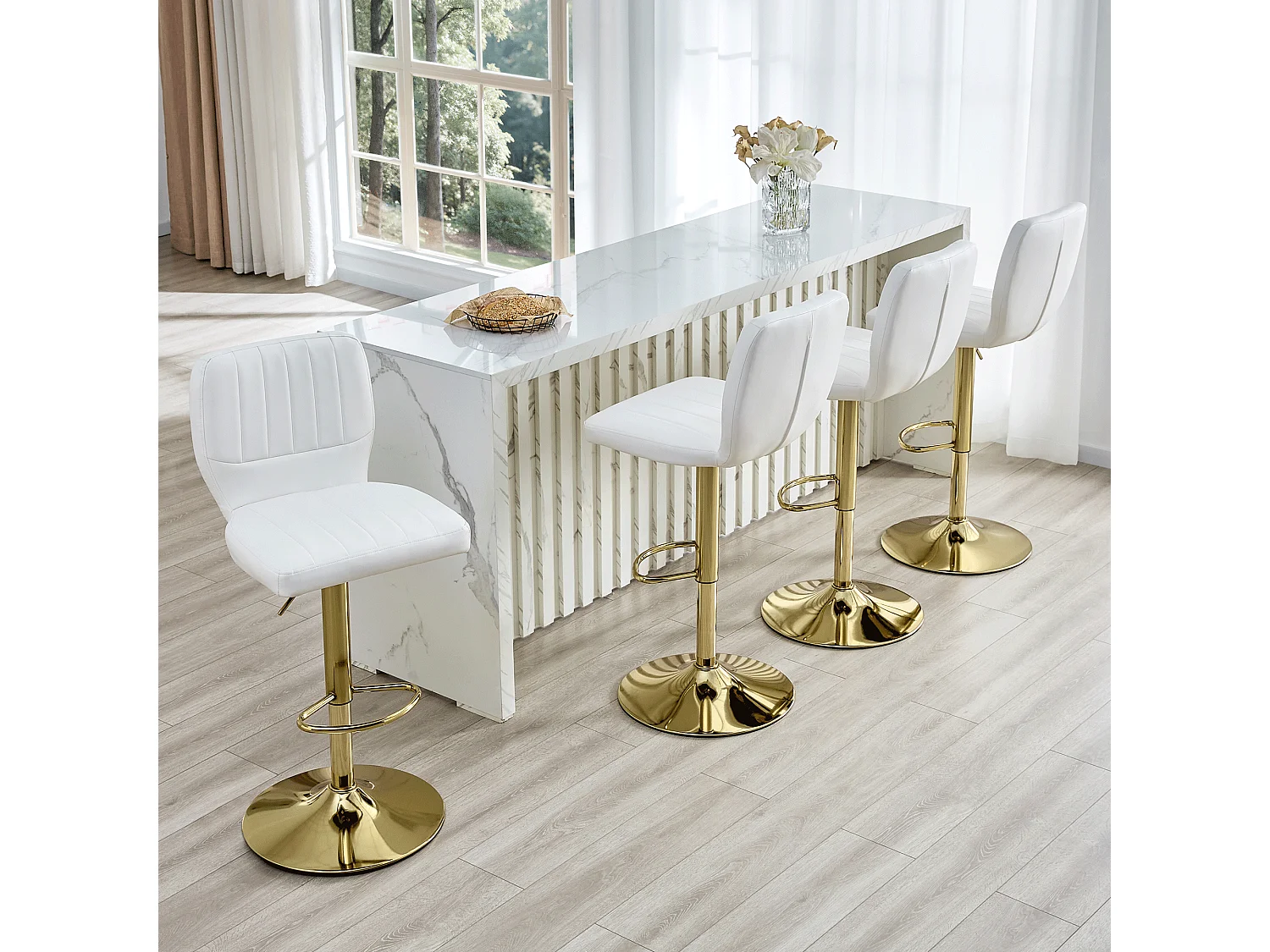 Lot de 2 tabourets de bar simili cuir blanc et doré, pivotant 360°