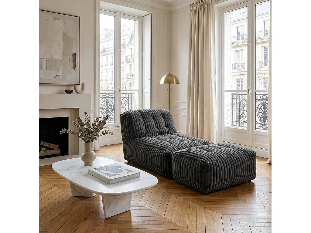 Méridienne capitonnée en flanelle gris foncé chaise longue convertible