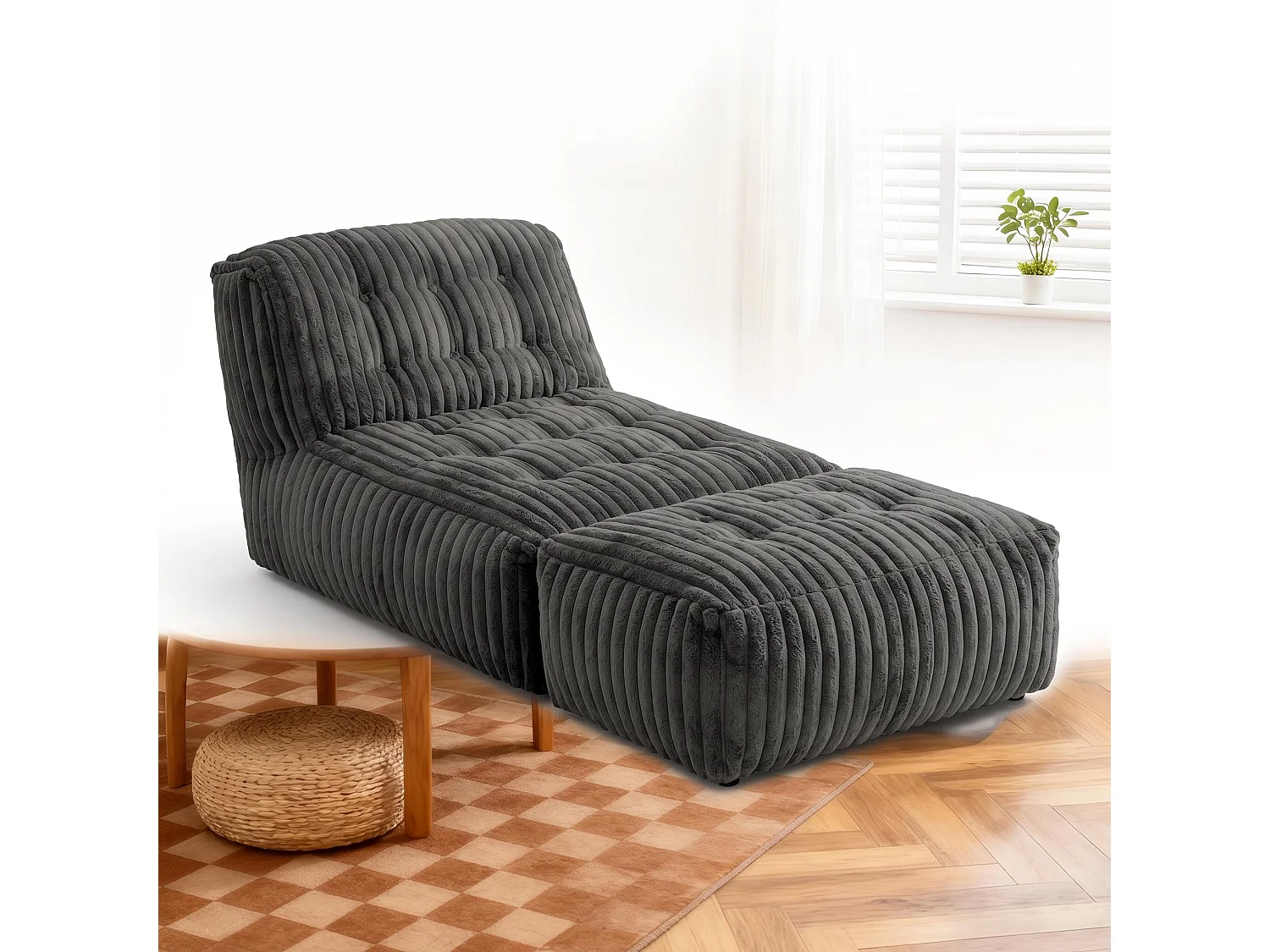Méridienne capitonnée en flanelle gris foncé chaise longue convertible