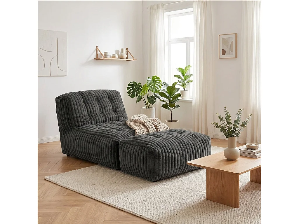 Méridienne capitonnée en flanelle gris foncé chaise longue convertible