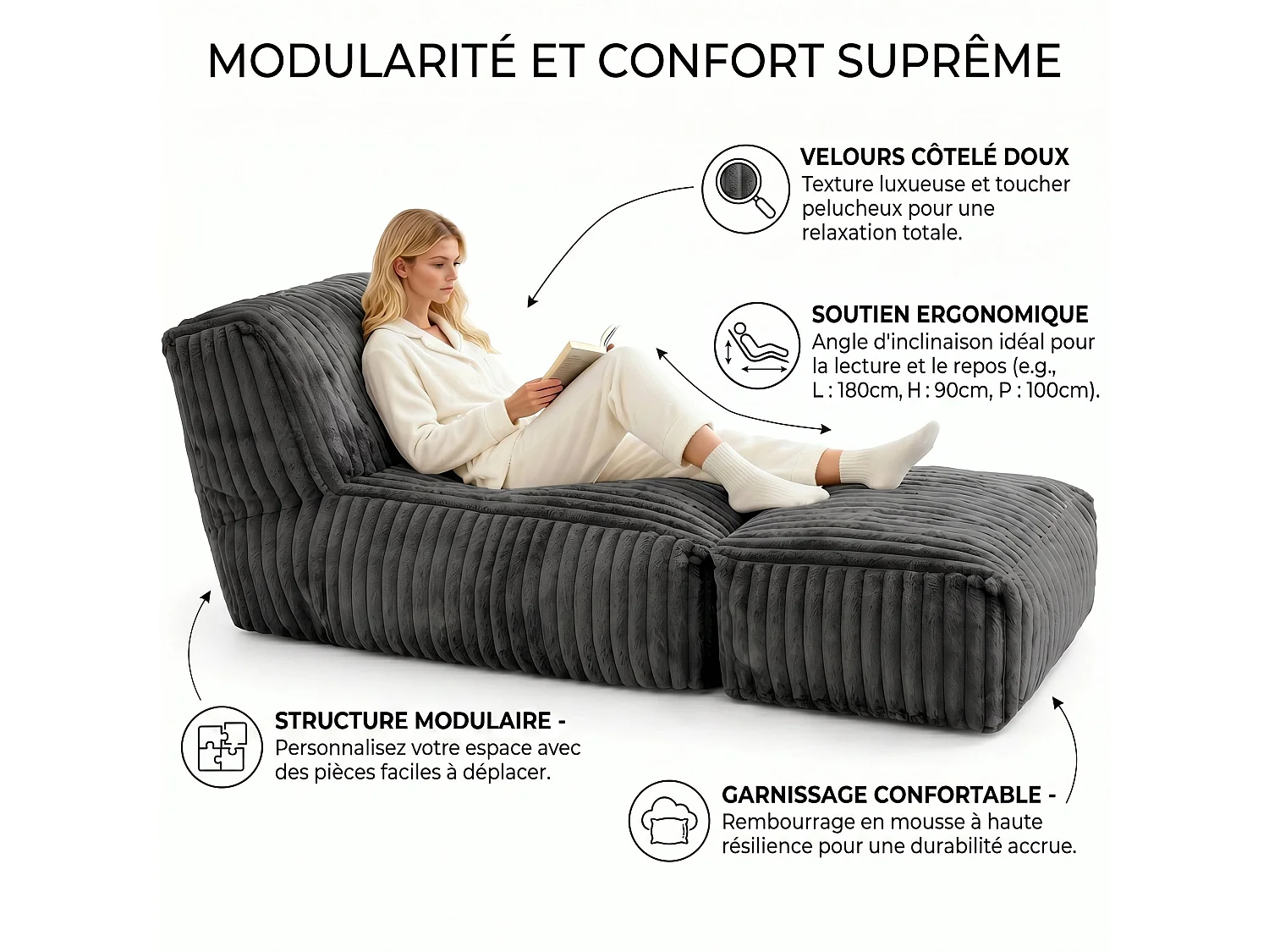 Méridienne capitonnée en flanelle gris foncé chaise longue convertible