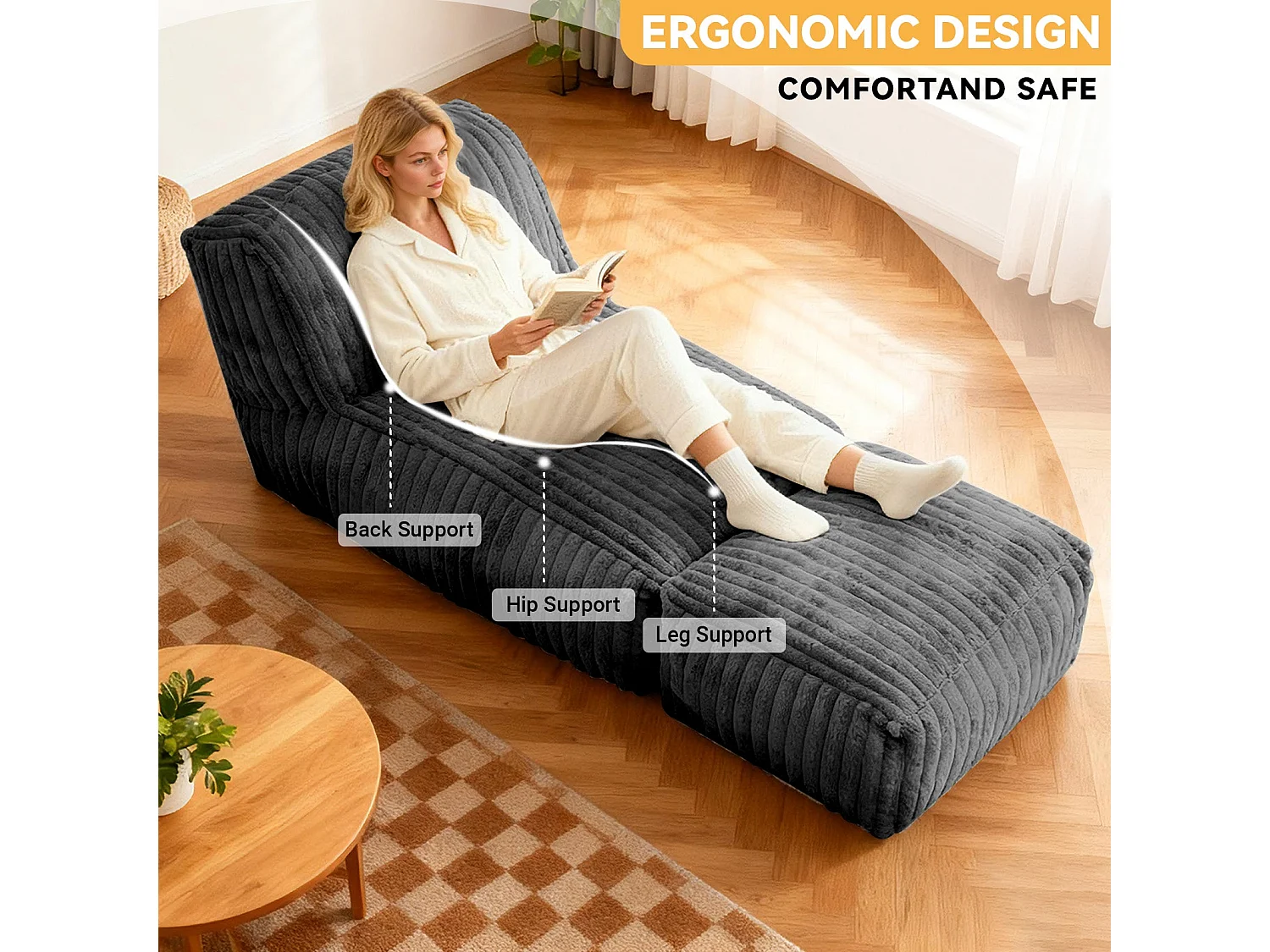 Méridienne capitonnée en flanelle gris foncé chaise longue convertible
