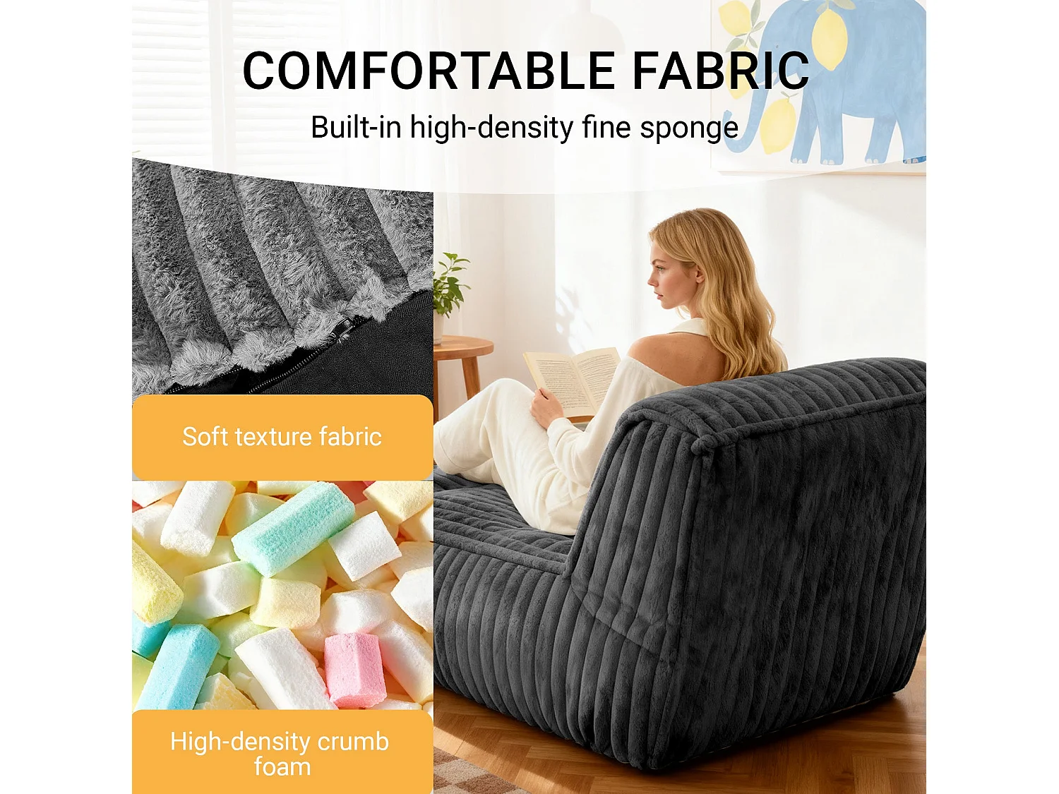 Méridienne capitonnée en flanelle gris foncé chaise longue convertible