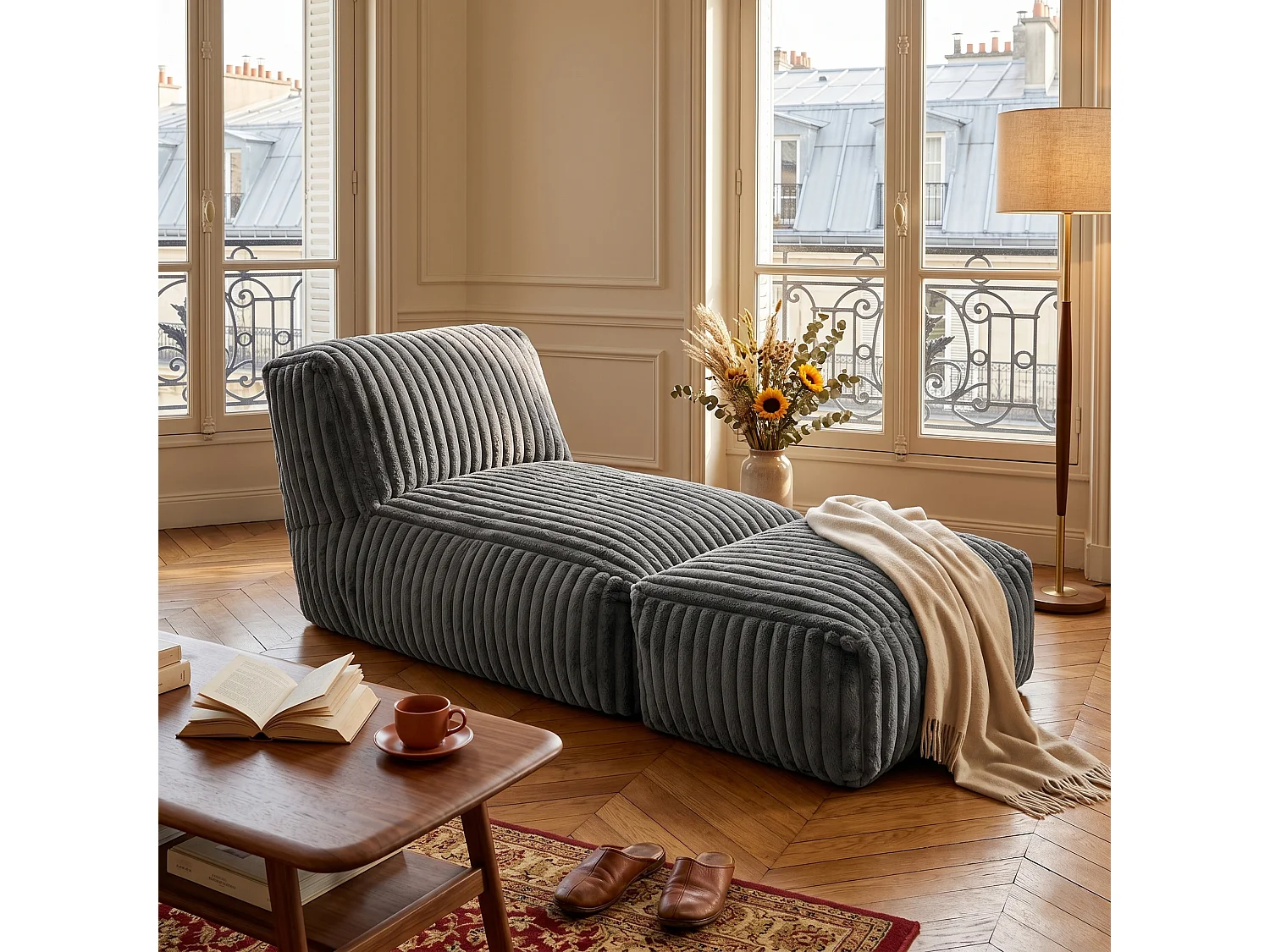 Méridienne capitonnée en flanelle gris foncé chaise longue convertible