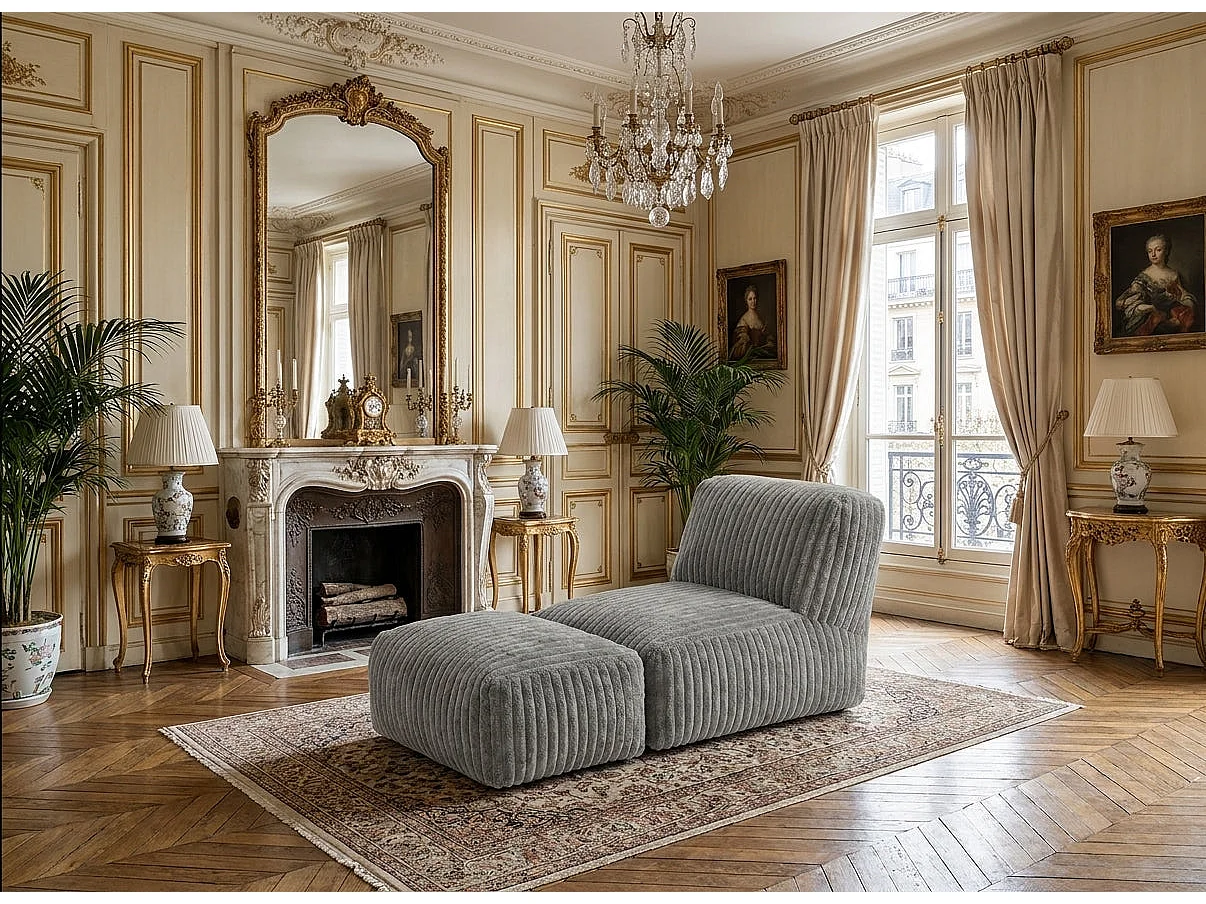 Méridienne capitonnée en flanelle gris claire, chaise longue