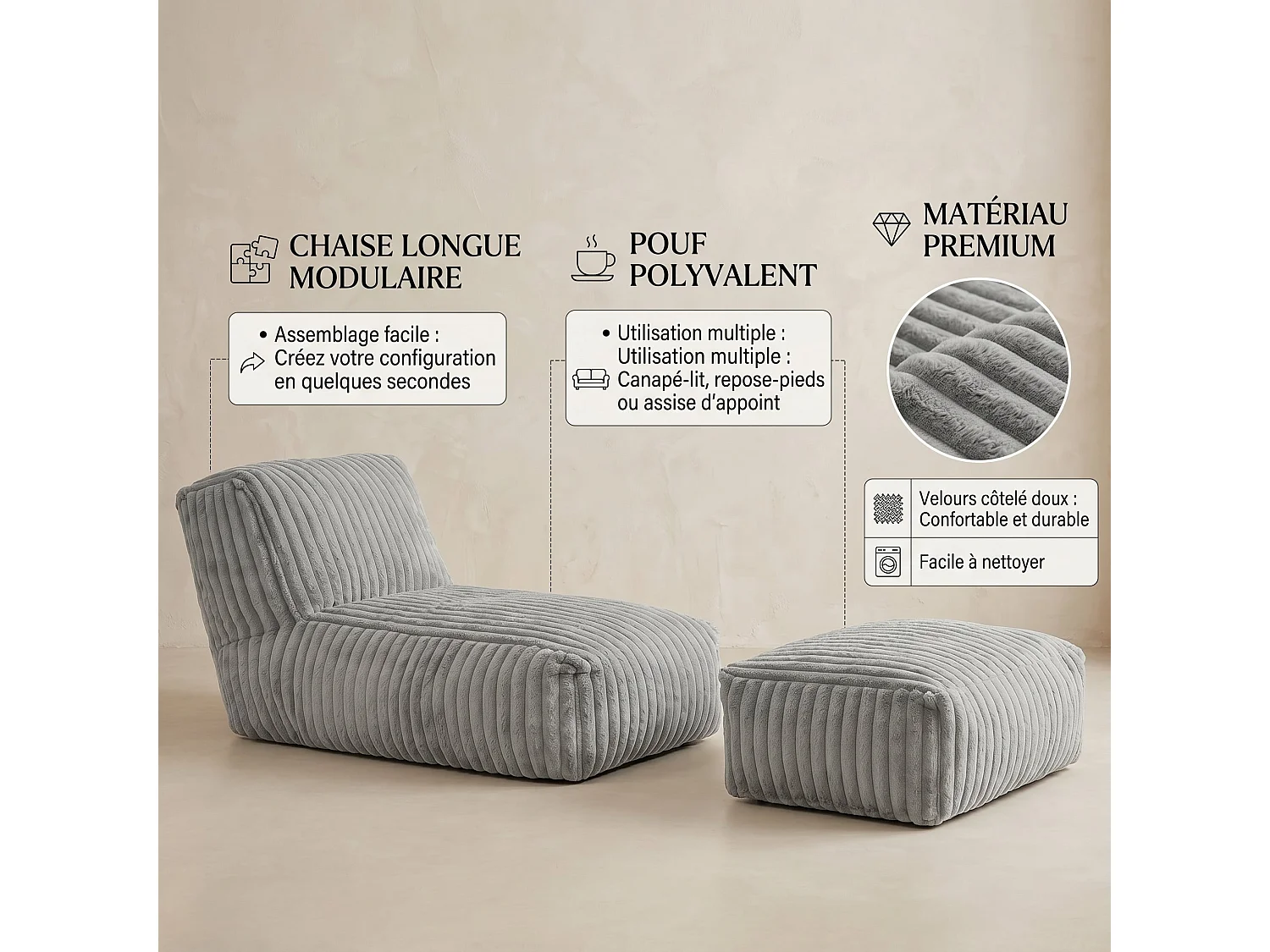 Méridienne capitonnée en flanelle gris claire, chaise longue