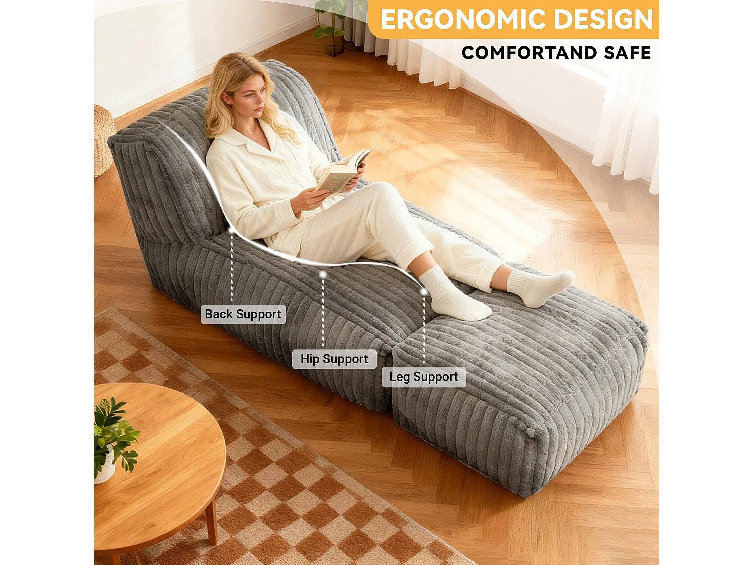 Méridienne capitonnée en flanelle gris claire, chaise longue