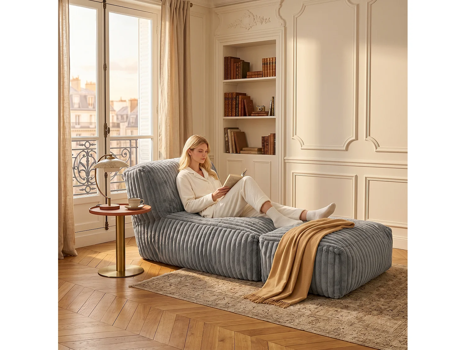 Méridienne capitonnée en flanelle gris claire, chaise longue