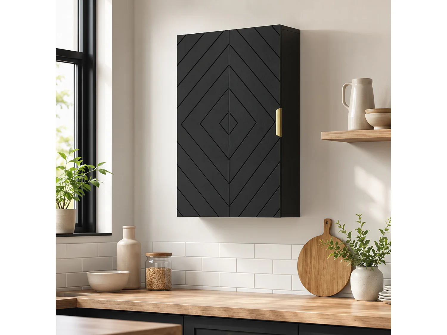 Armoire murale de salle de bain - porte, 2 étagères - poignée métal doré MDF noir