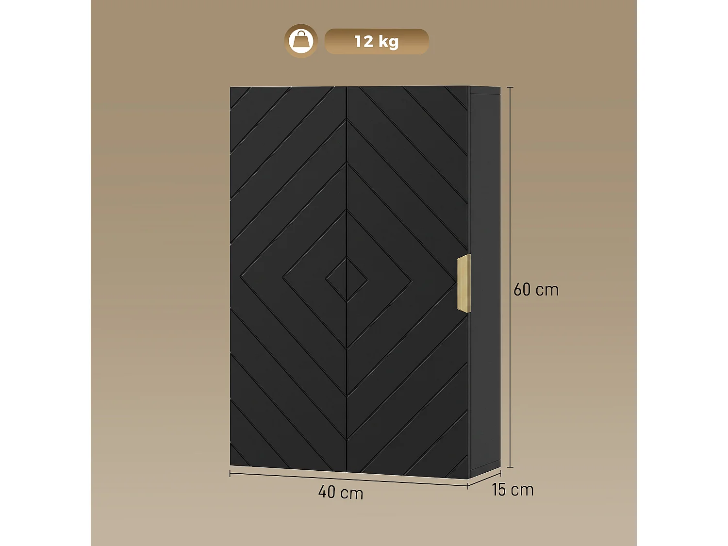Armoire murale de salle de bain - porte, 2 étagères - poignée métal doré MDF noir