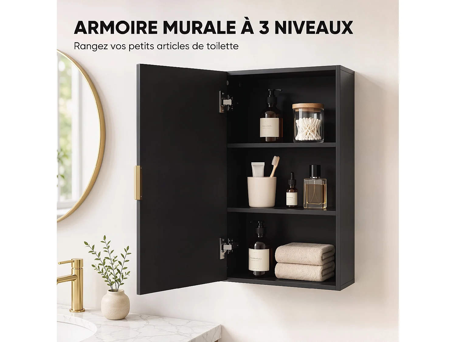 Armoire murale de salle de bain - porte, 2 étagères - poignée métal doré MDF noir