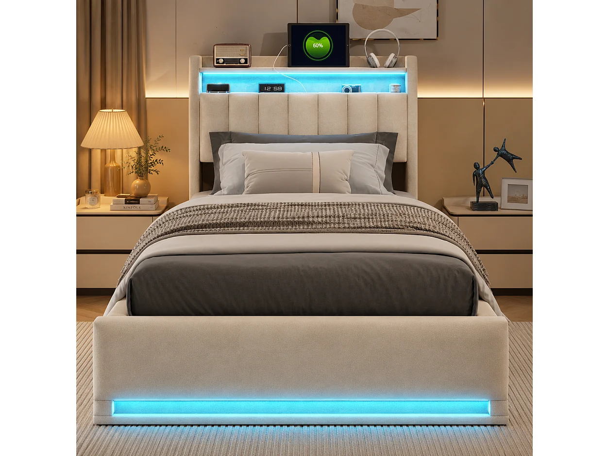 Lit Coffre 90x200 cm avec éclairage LED et USB, Lits Simple avec Espace de Rangement hydraulique et Tete de Lit, Sommier à Lattes, Velours, Beige