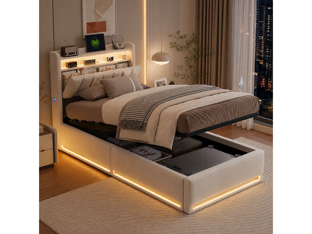 Lit Coffre 90x200 cm avec éclairage LED et USB, Lits Simple avec Espace de Rangement hydraulique et Tete de Lit, Sommier à Lattes, Velours, Beige