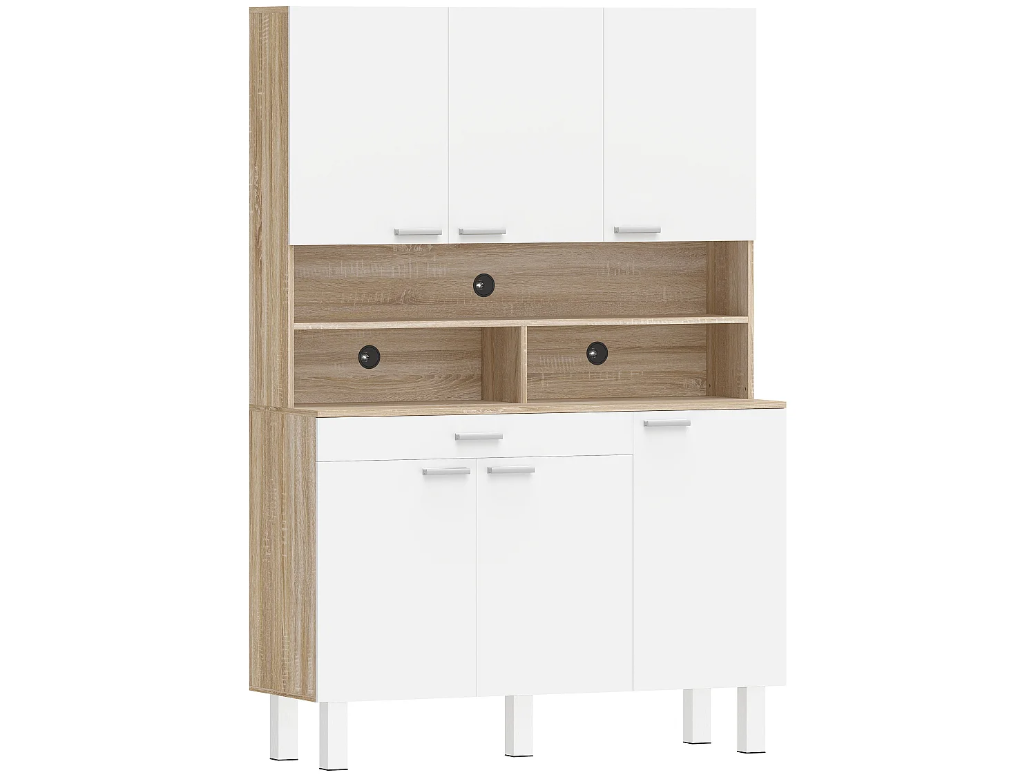 Buffet haut 6 portes 4 étagères tiroir 3 niches blanc effet bois clair