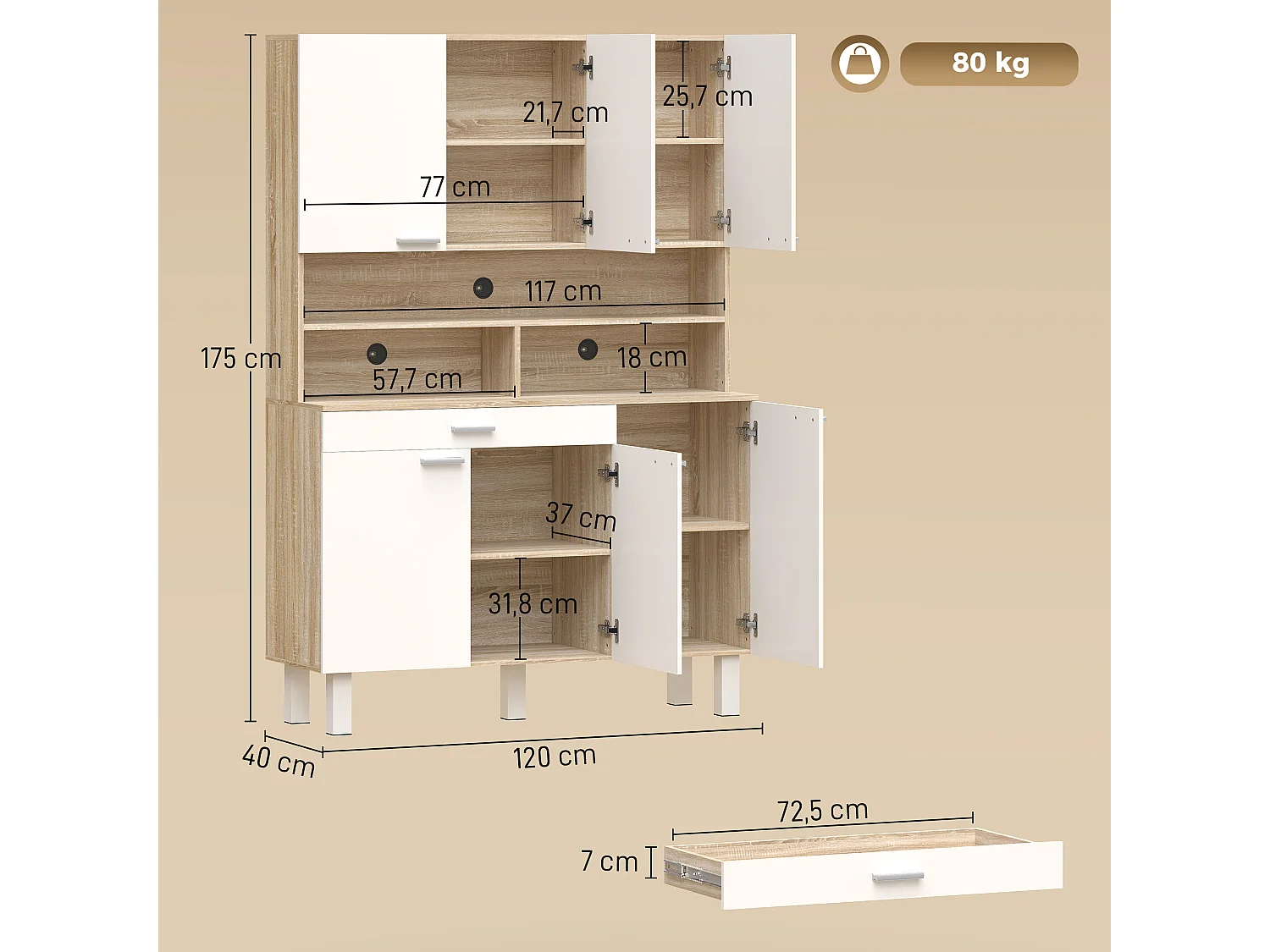 Buffet haut 6 portes 4 étagères tiroir 3 niches blanc effet bois clair