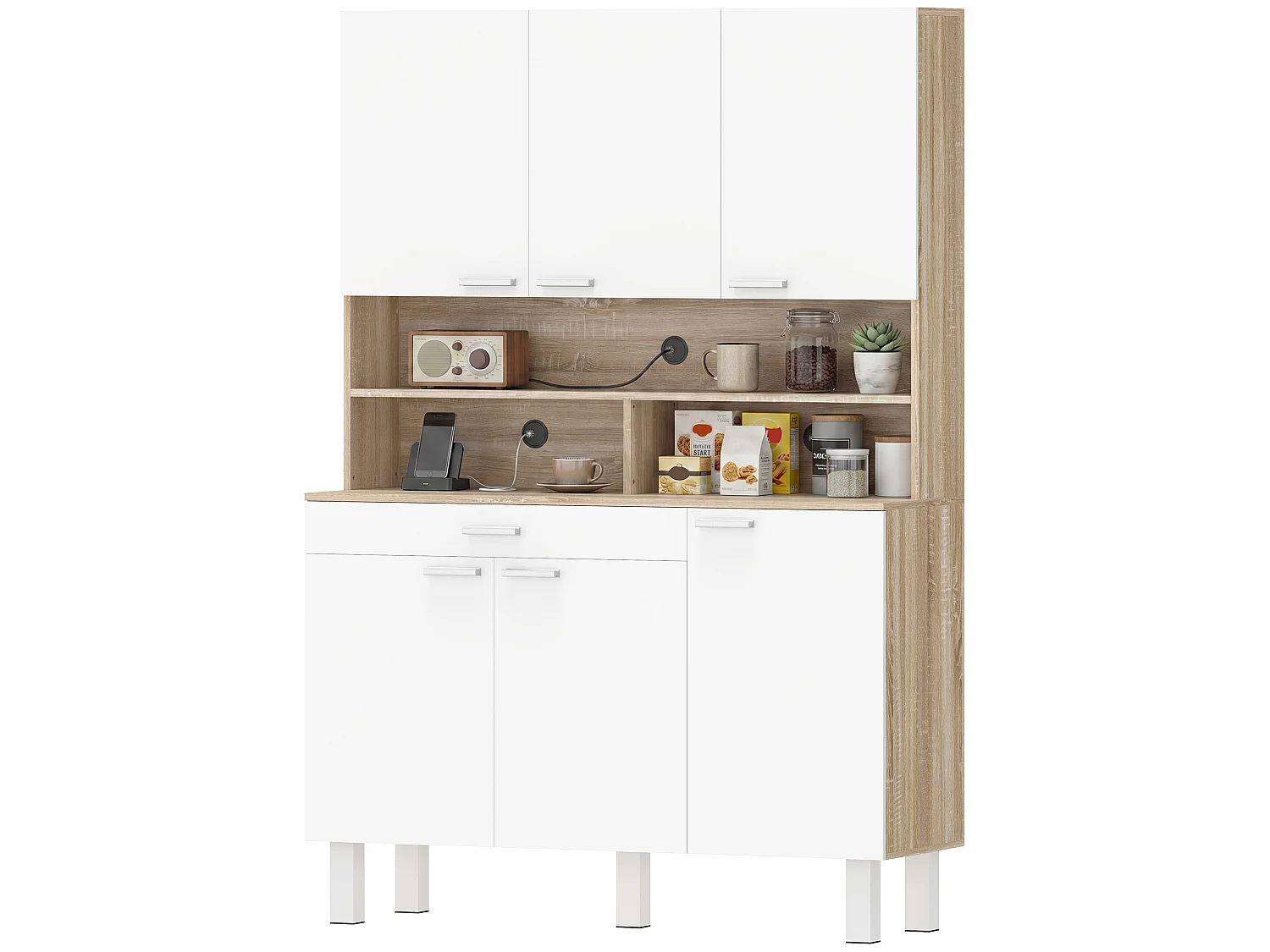 Buffet haut 6 portes 4 étagères tiroir 3 niches blanc effet bois clair