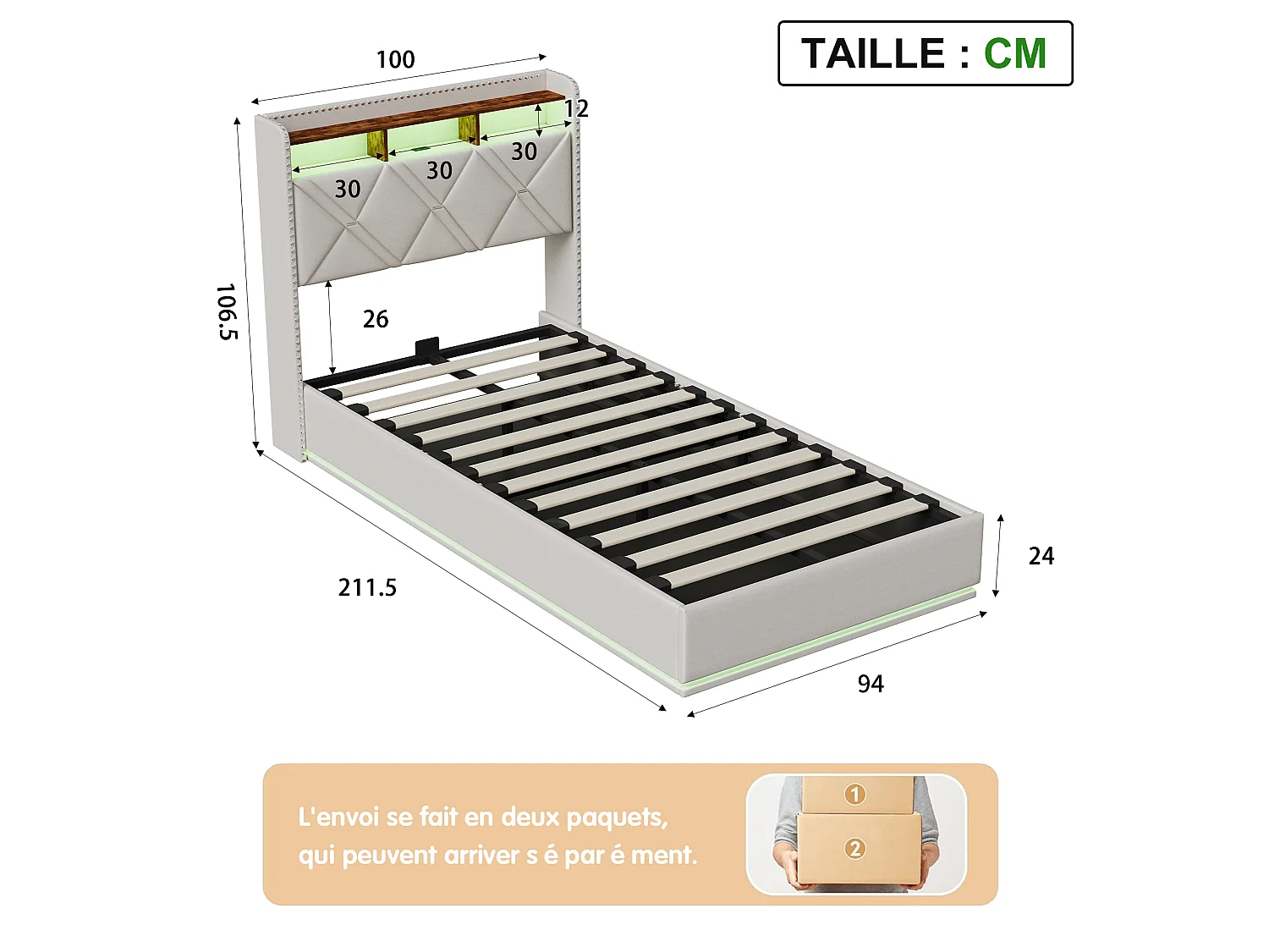Lit Coffre 90x200 cm avec LED et Chargement USB, lit rembourré avec sommier, Tête de lit avec Espace de Rangement, pour Adultes et Ado, Lin Beige