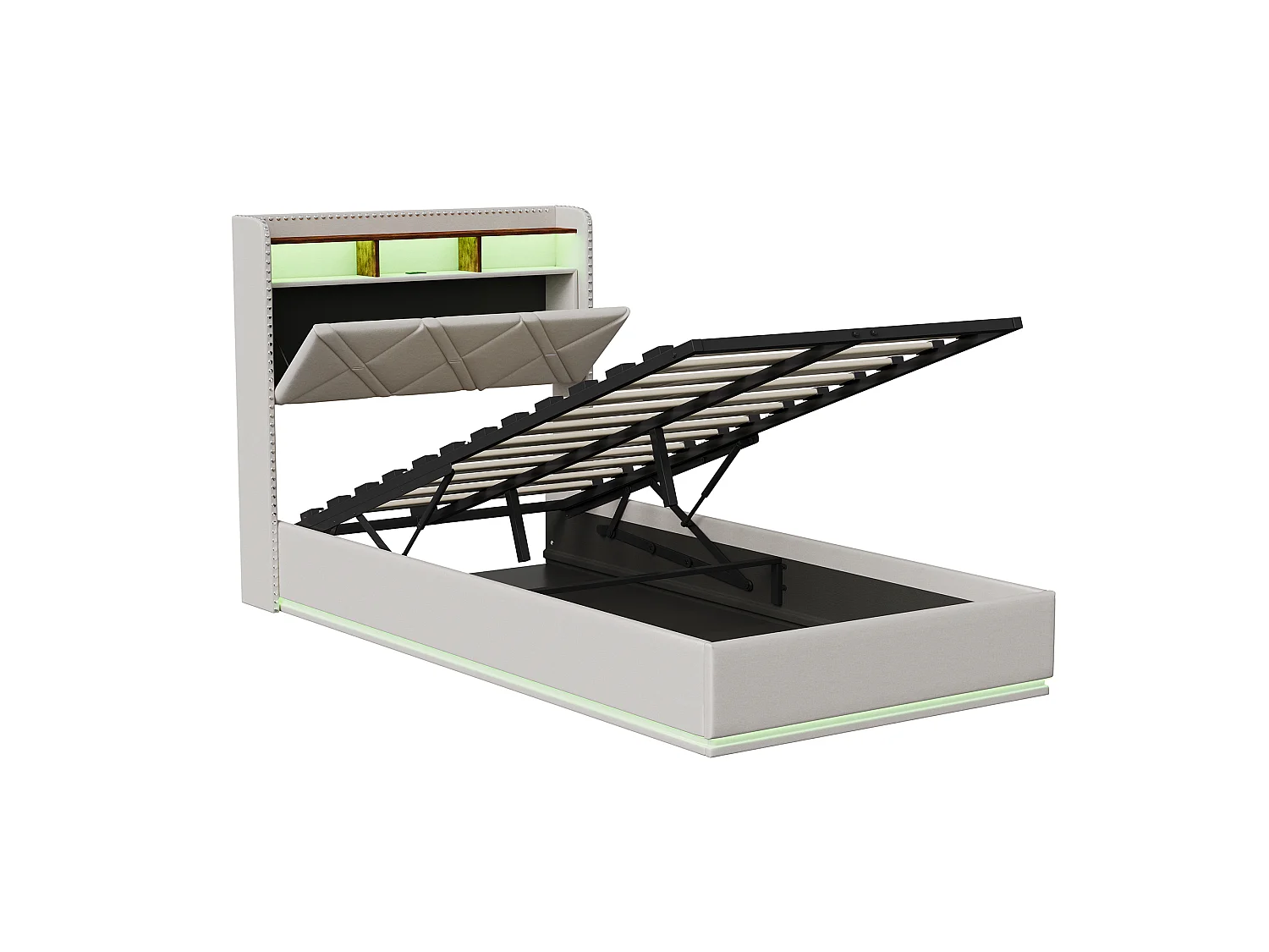 Lit Coffre 90x200 cm avec LED et Chargement USB, lit rembourré avec sommier, Tête de lit avec Espace de Rangement, pour Adultes et Ado, Lin Beige