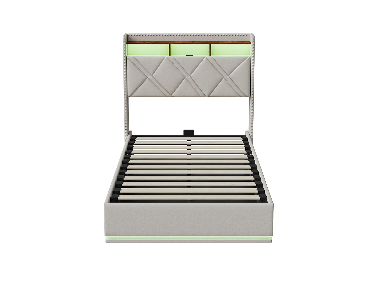 Lit Coffre 90x200 cm avec LED et Chargement USB, lit rembourré avec sommier, Tête de lit avec Espace de Rangement, pour Adultes et Ado, Lin Beige