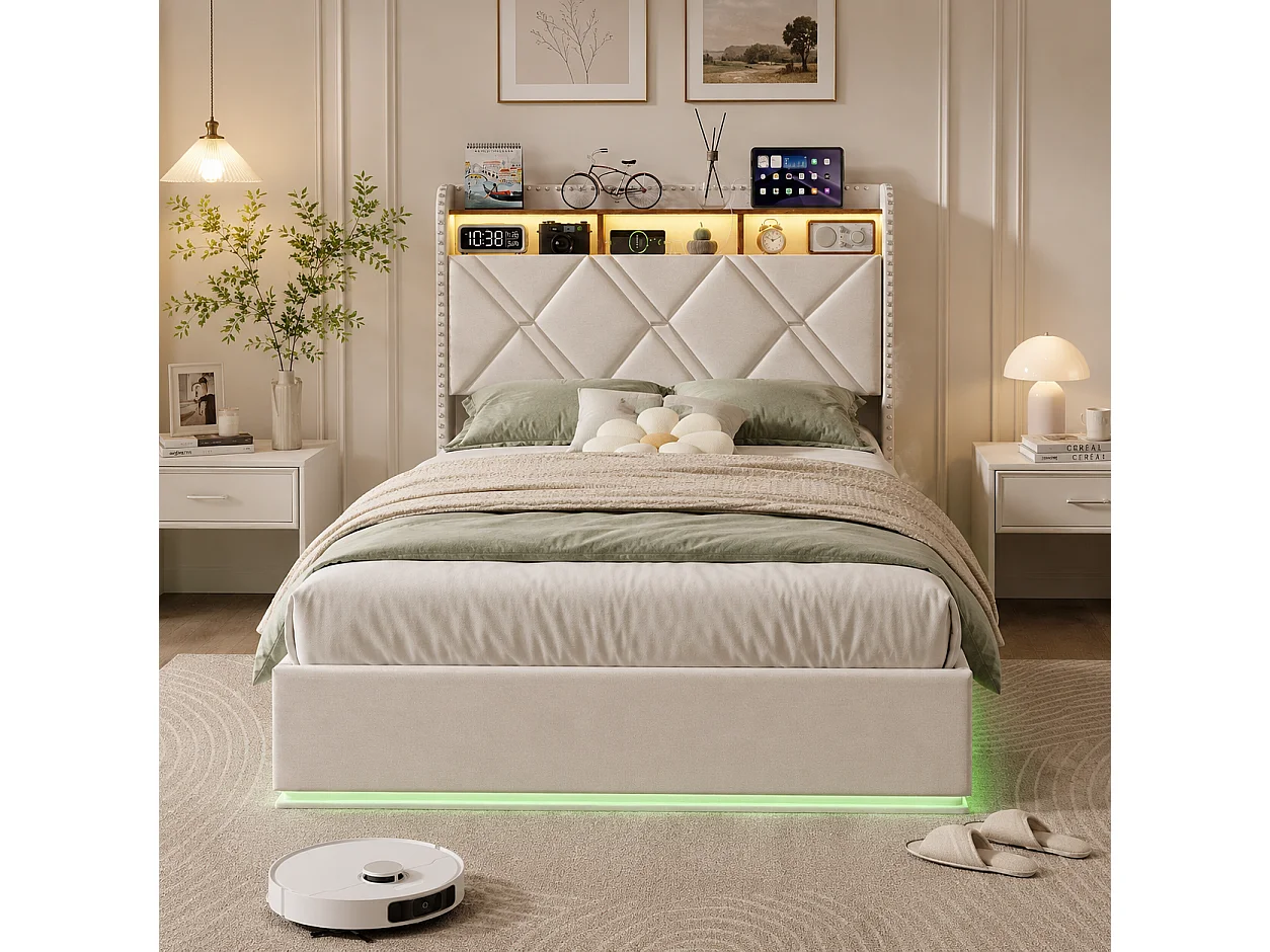 Lit Coffre 90x200 cm avec LED et Chargement USB, lit rembourré avec sommier, Tête de lit avec Espace de Rangement, pour Adultes et Ado, Lin Beige