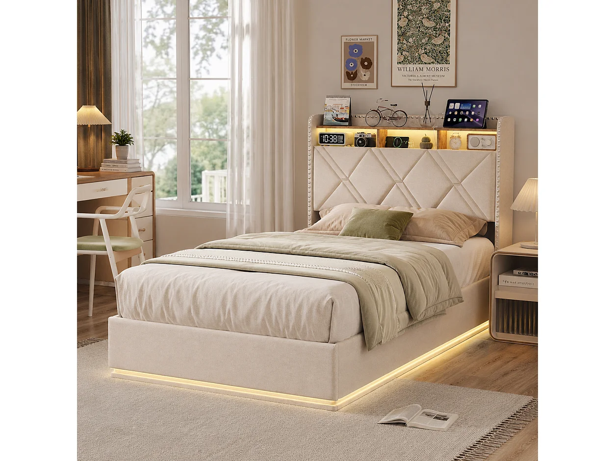 Lit Coffre 90x200 cm avec LED et Chargement USB, lit rembourré avec sommier, Tête de lit avec Espace de Rangement, pour Adultes et Ado, Lin Beige