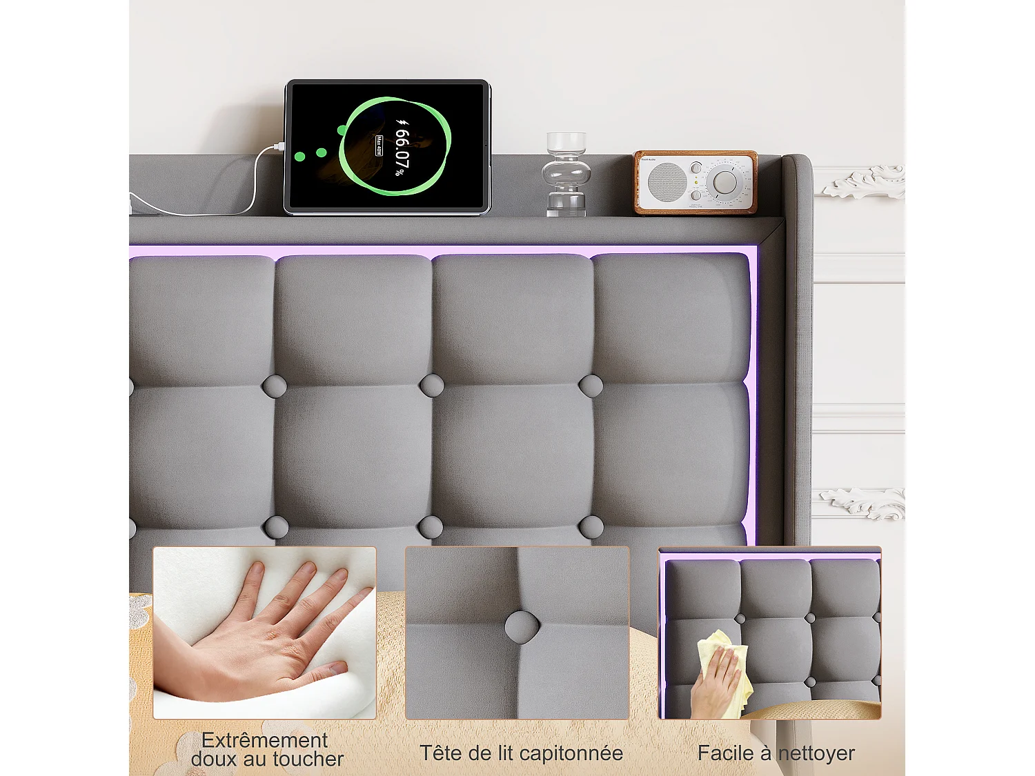 Lit Double 140x200CM - Lit Flottant LED - Tête de lit avec 2 USB/Type-C - Cadre de Lit Adulte avec Sommier - Tissu Velours Gris