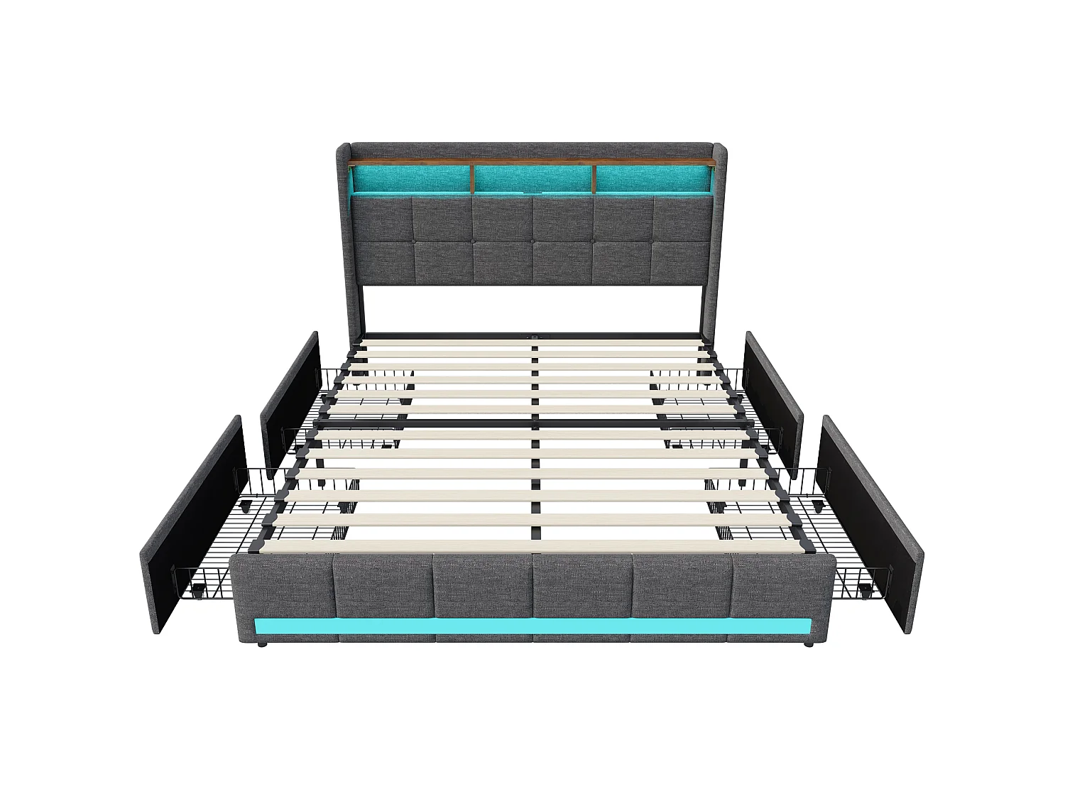 Lit Double rembourré 140x190 cm, avec éclairage LED, Lit Coffre avec 4 tiroirs, tête de lit avec 2 USB, 1 Type C, sommier à Lattes, Lin, Gris
