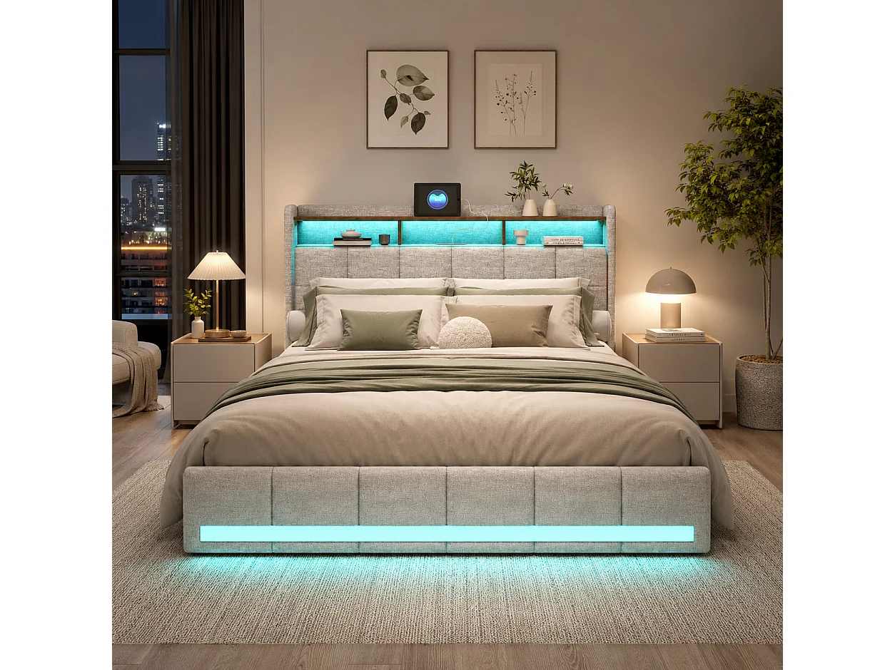 Lit Double rembourré 140x190 cm, avec éclairage LED, Lit Coffre avec 4 tiroirs, tête de lit avec 2 USB, 1 Type C, sommier à Lattes, Lin, Gris