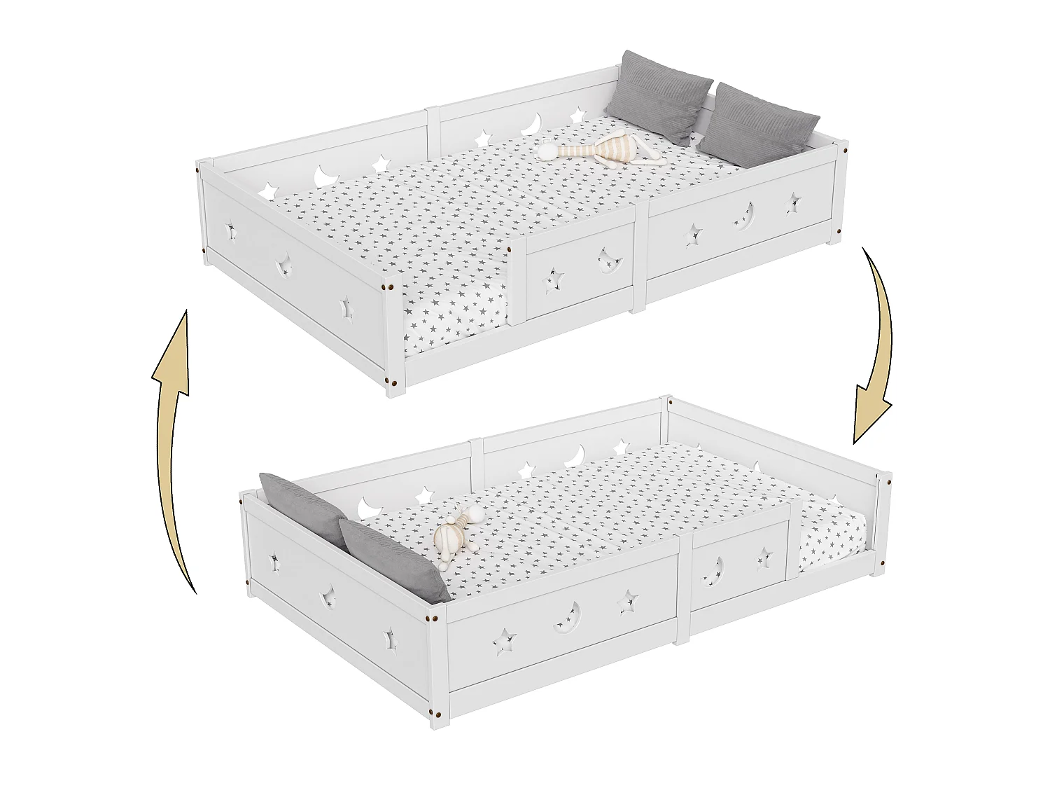 Lit au Sol Bébé 140x200 cm, Lit Montessori en Bois avec Barrière de Sécurité et Sommier à Lattes, Cadre de Lit Simple pour Enfants, Facile à Assembler