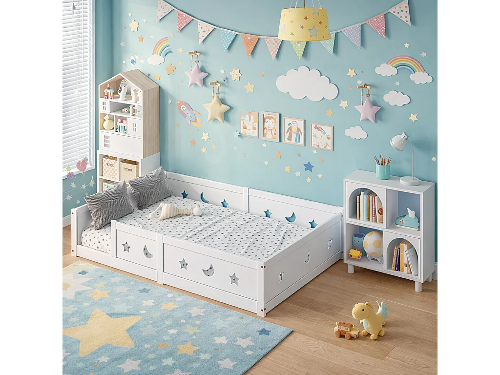 Lit au Sol Bébé 140x200 cm, Lit Montessori en Bois avec Barrière de Sécurité et Sommier à Lattes, Cadre de Lit Simple pour Enfants, Facile à Assembler