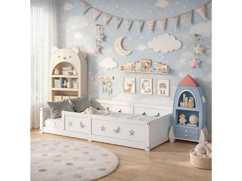 Lit au Sol Bébé 140x200 cm, Lit Montessori en Bois avec Barrière de Sécurité et Sommier à Lattes, Cadre de Lit Simple pour Enfants, Facile à Assembler