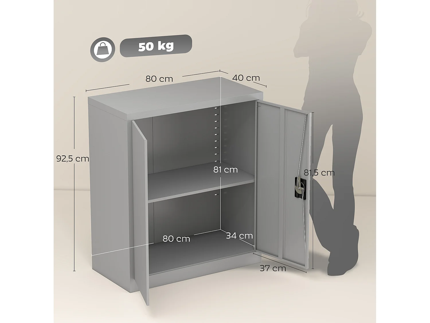 Armoire de bureau métal verrouillable 2 portes étagère gris