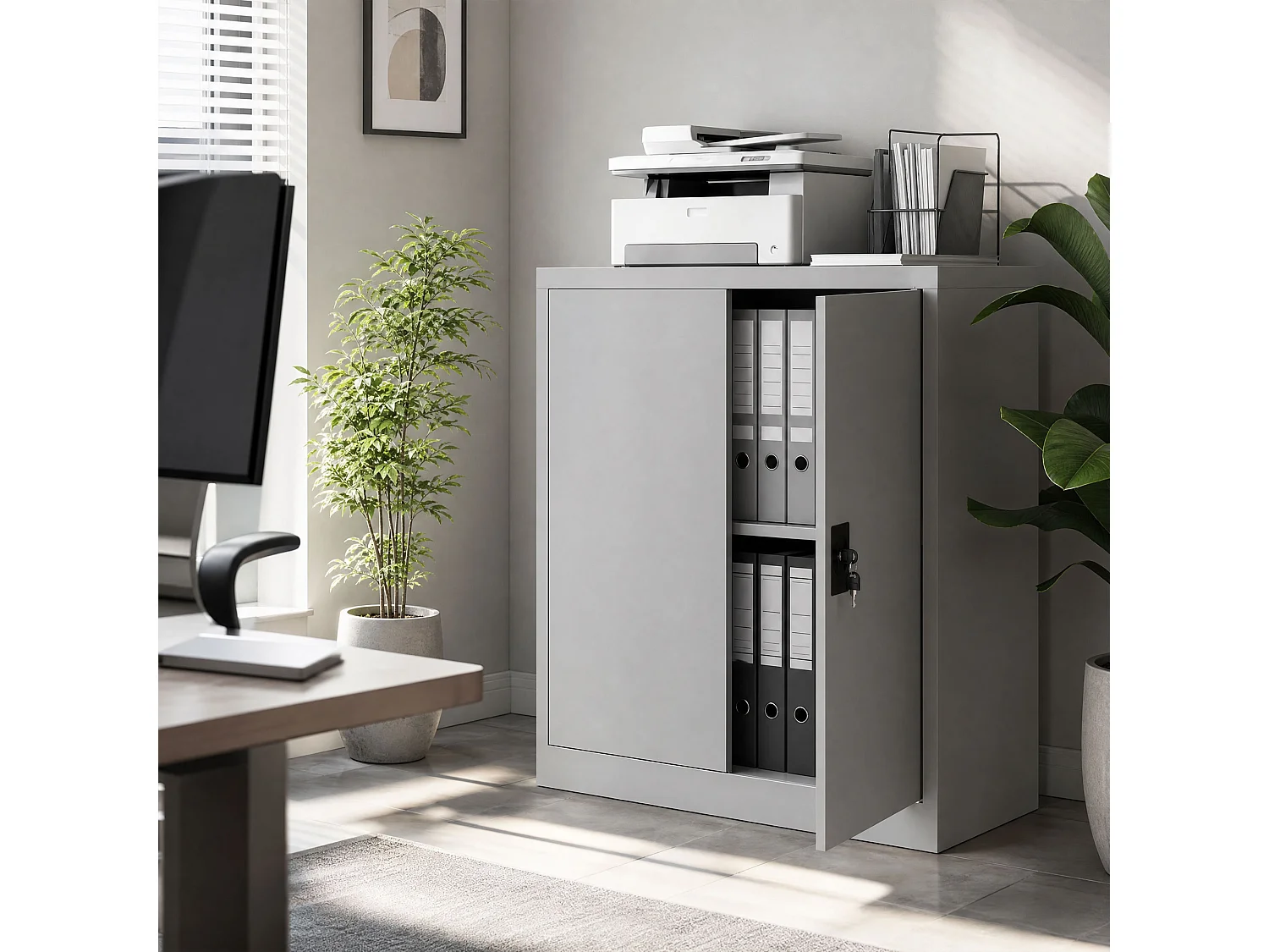 Armoire de bureau métal verrouillable 2 portes étagère gris