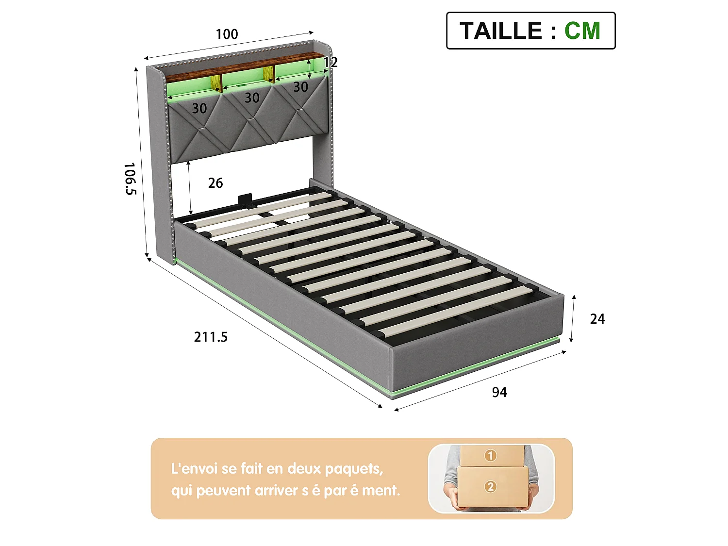 Lit Coffre 90x200 cm avec LED et Chargement USB, lit rembourré avec sommier, Tête de lit avec Espace de Rangement, pour Adultes et Ado, Lin Gris