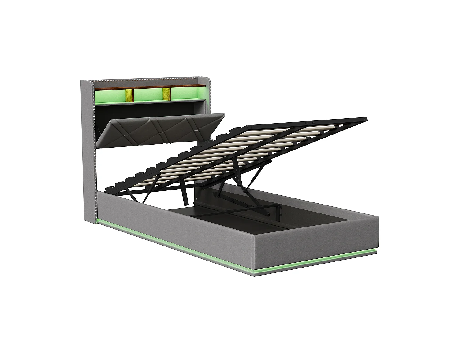 Lit Coffre 90x200 cm avec LED et Chargement USB, lit rembourré avec sommier, Tête de lit avec Espace de Rangement, pour Adultes et Ado, Lin Gris