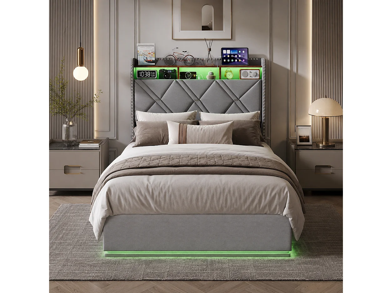 Lit Coffre 90x200 cm avec LED et Chargement USB, lit rembourré avec sommier, Tête de lit avec Espace de Rangement, pour Adultes et Ado, Lin Gris