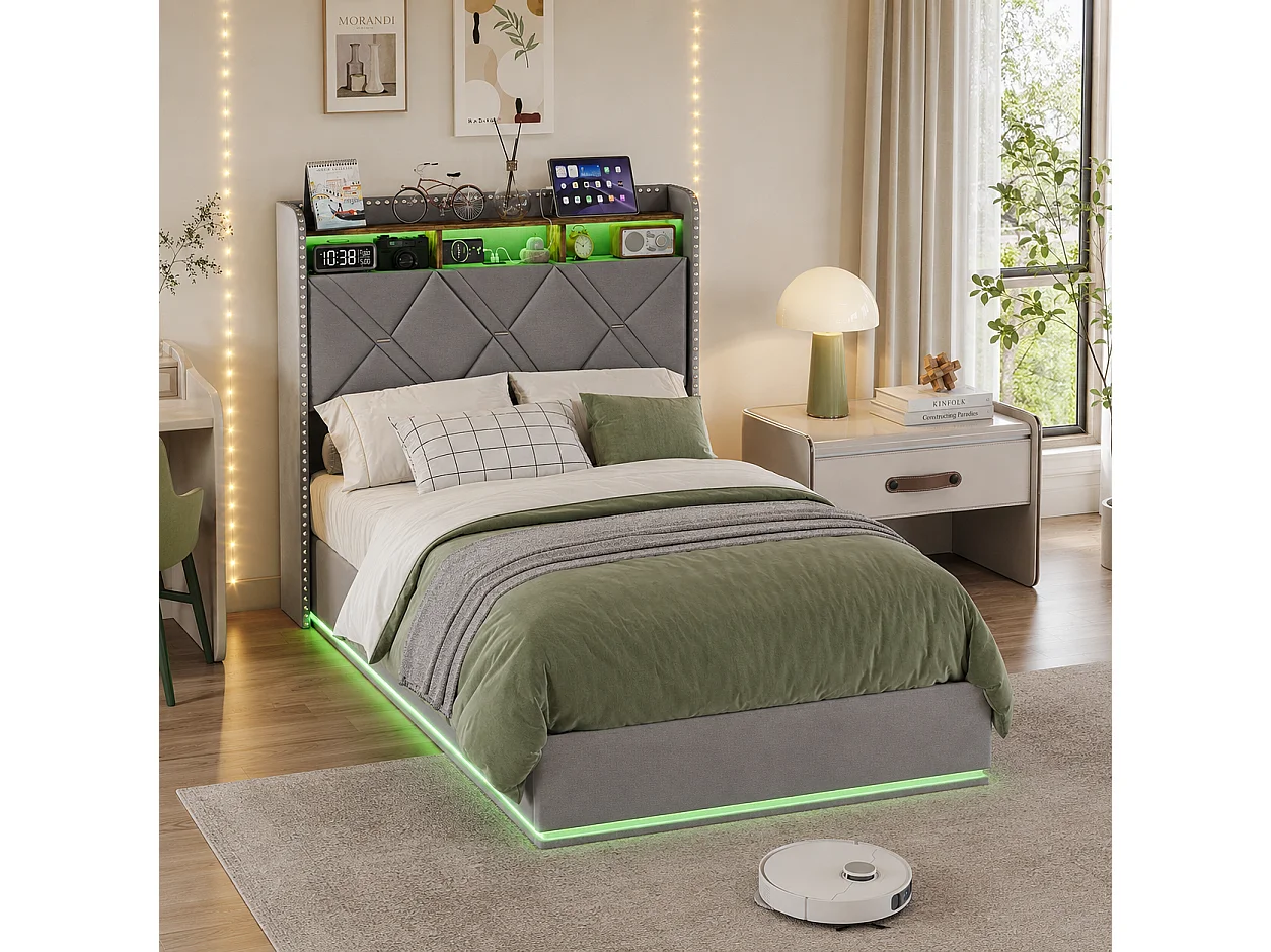 Lit Coffre 90x200 cm avec LED et Chargement USB, lit rembourré avec sommier, Tête de lit avec Espace de Rangement, pour Adultes et Ado, Lin Gris