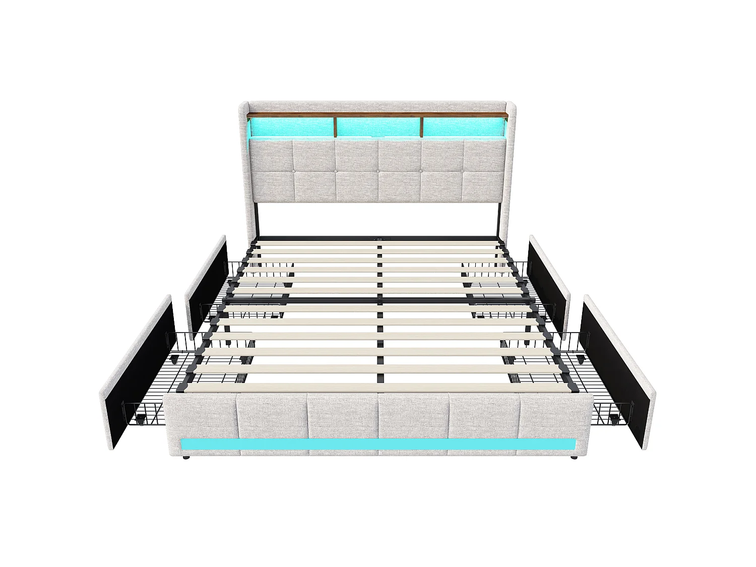 Lit Double rembourré 140x190 cm, avec éclairage LED, Lit Coffre avec 4 tiroirs, tête de lit avec 2 USB, 1 Type C, sommier à Lattes, Lin, Beige